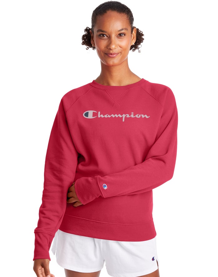 Champion Dame Sweatshirt Rød - Powerblend Fleece Classic Crew Script Logo - Danmark JSY-693142